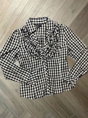 Tracy M Gingham Cottagecore Victorian Ruffle Blouse Womens Medium Black White‎